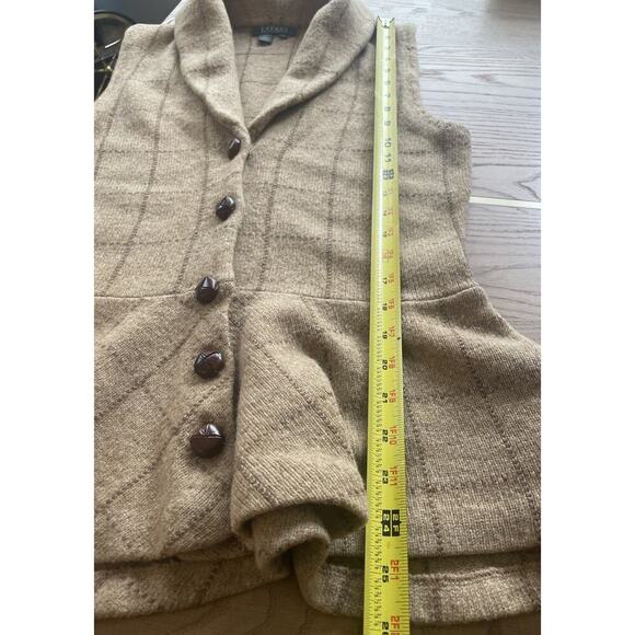 Vintage Ralph Lauren Lambswool Peplum Sweater Vest Plaid Cardigan Camel Beige M - Picture 7 of 7